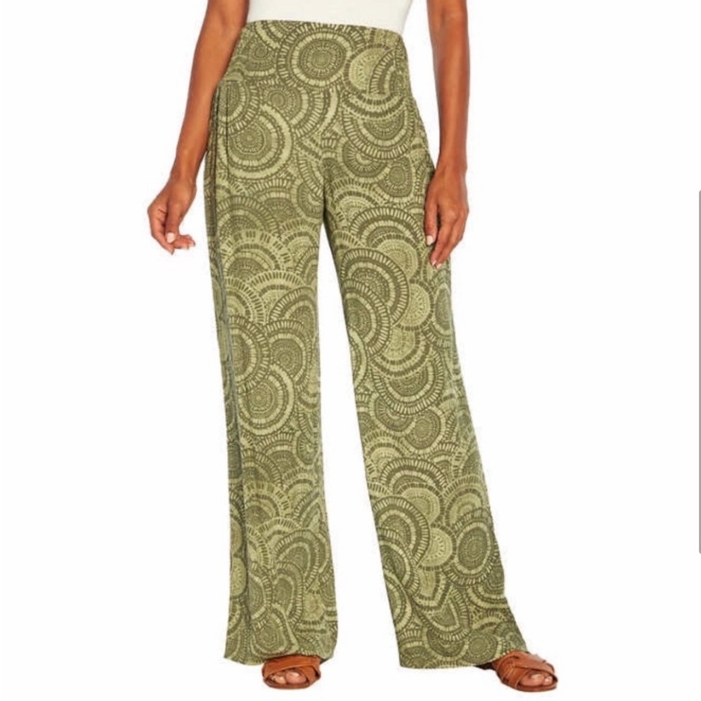 Three Dots 100% Rayon Green Geometric Circle Print Pull On‎ Pants Small